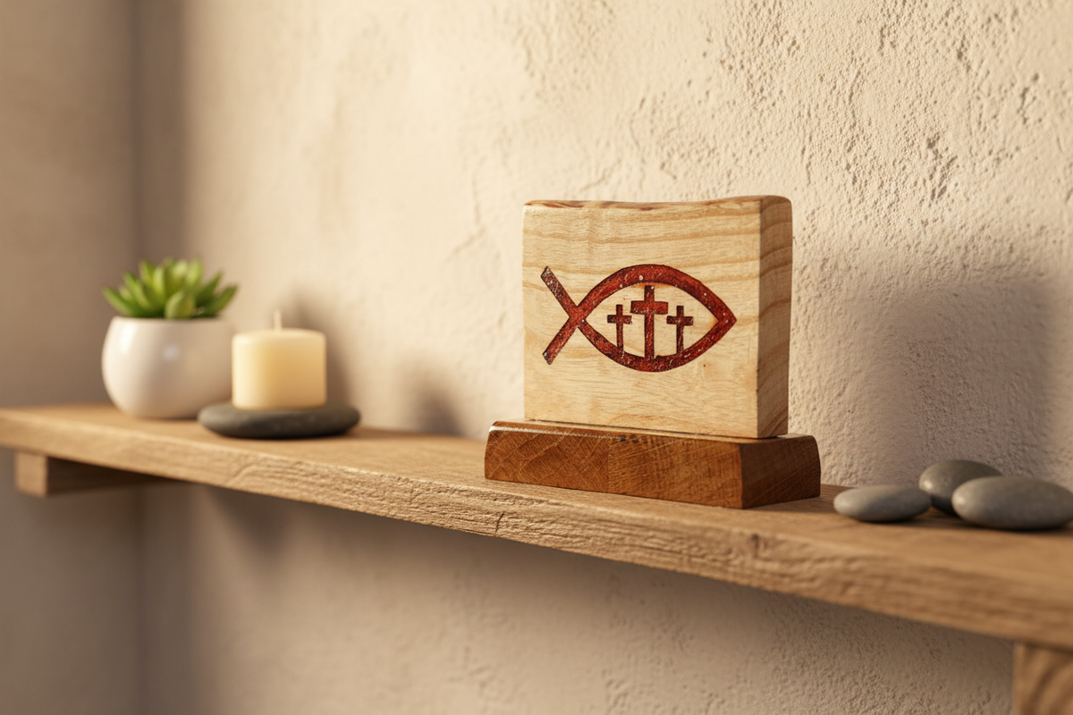 Decor "fish'n'crosses" on a rustic shelf
