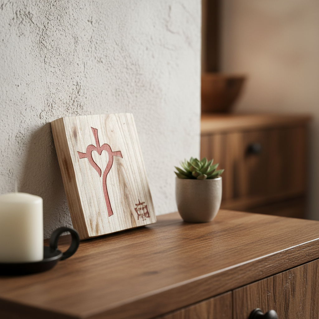 Decorative cross & heart plaque in rustic setting
